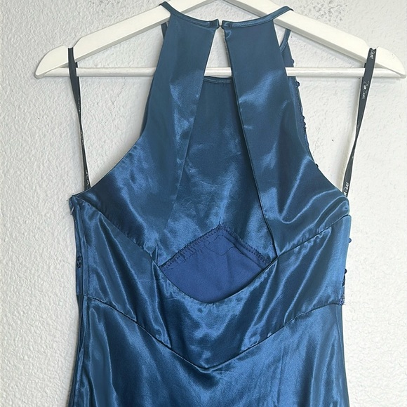 Zum Zum Teal Satin Halter Sequin Maxi Long Dress Womens Size 7/8 Vintage Prom - Picture 3 of 10